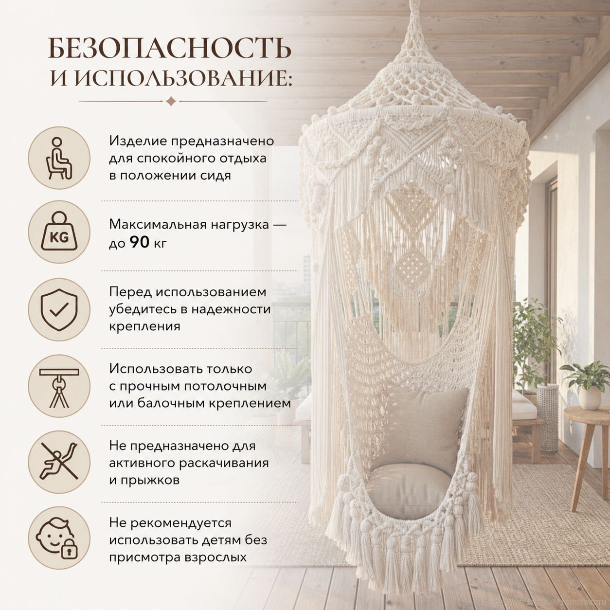 Кресло подвесное (гамак) декоративное макраме, ручная работа - фото 7