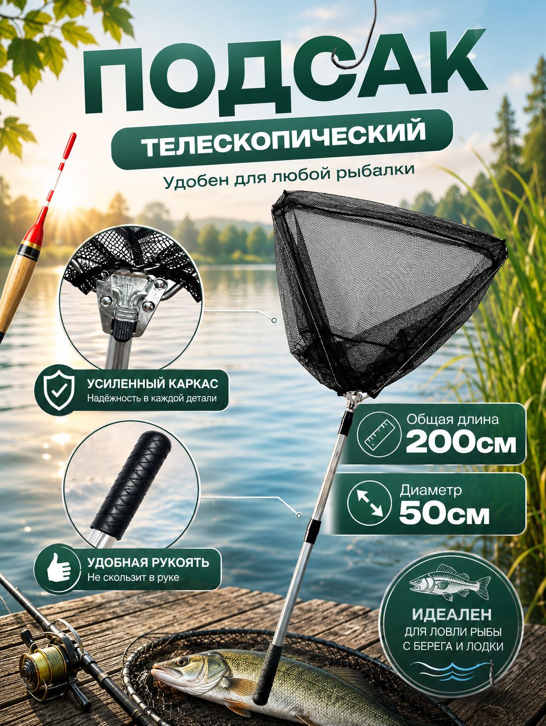 Подсакрыболовныйтреугольныйтелескопическийсборныйd50смПодсачникСачок