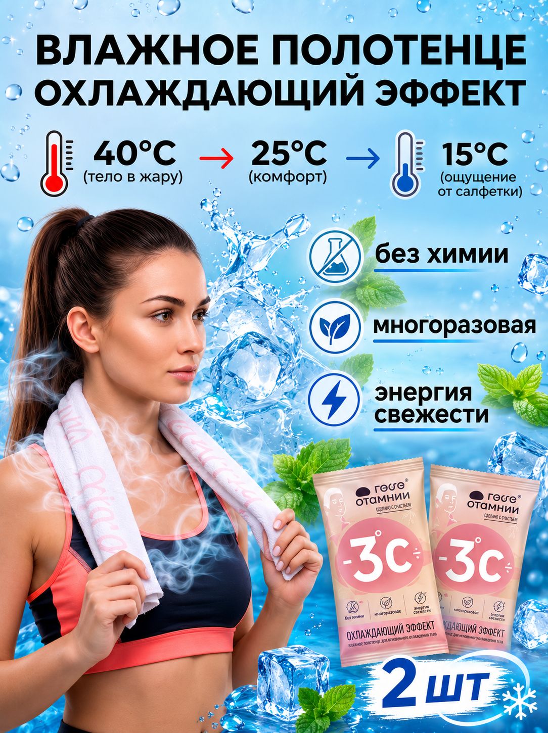 Охлаждающееполотенце2шт,охлождающаясалфеткасмятой