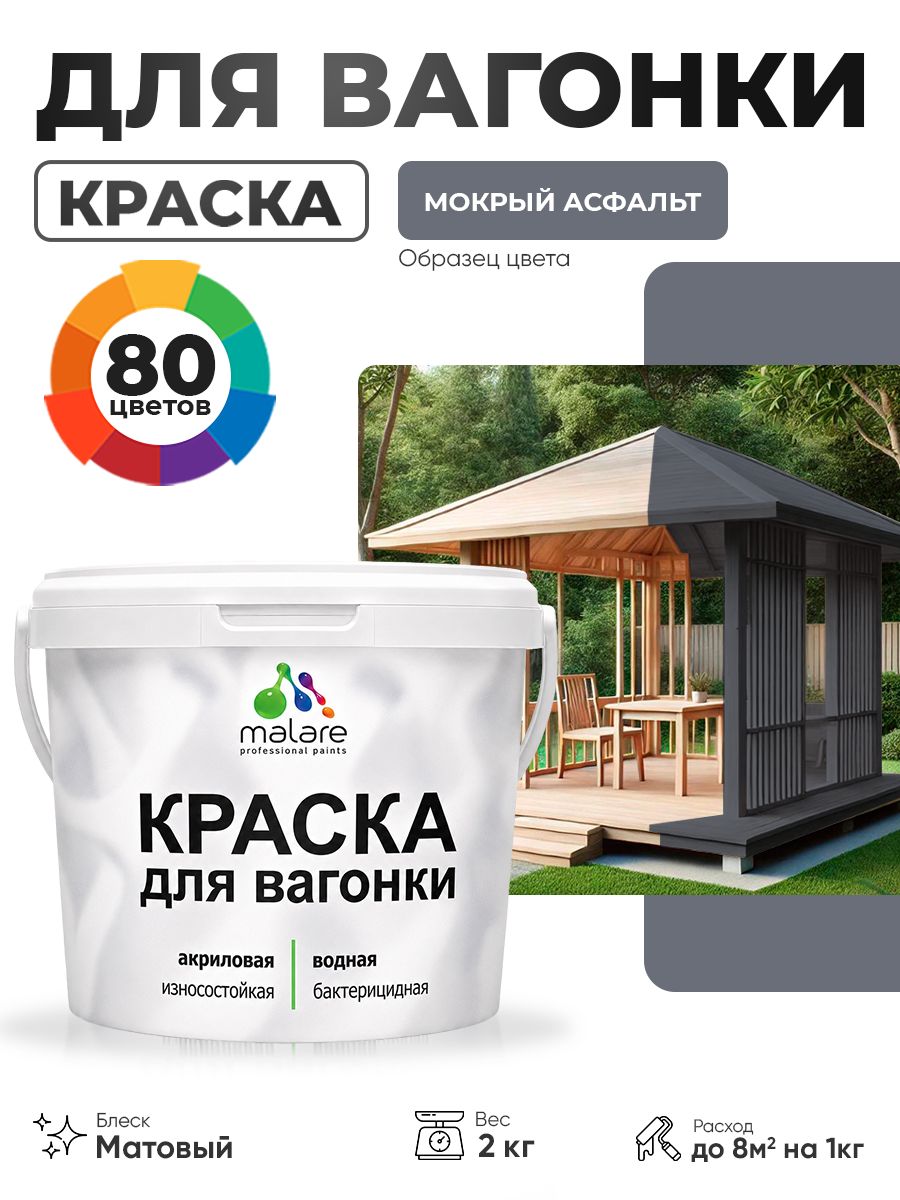 Акриловая краска для вагонки Malare для дерева, для фасадов и интерьера с антисептическим эффектом, быстросохнущая, без запаха, матовая, мокрый асфальт, 2 кг