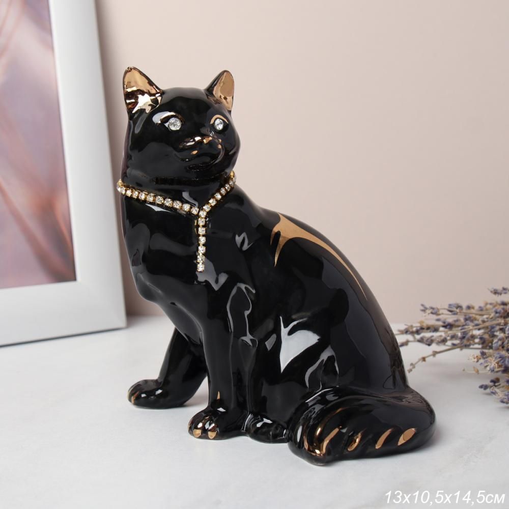 Статуэтка Кошка, черная, фарфор, 13 х 10,5 х 14,5 см