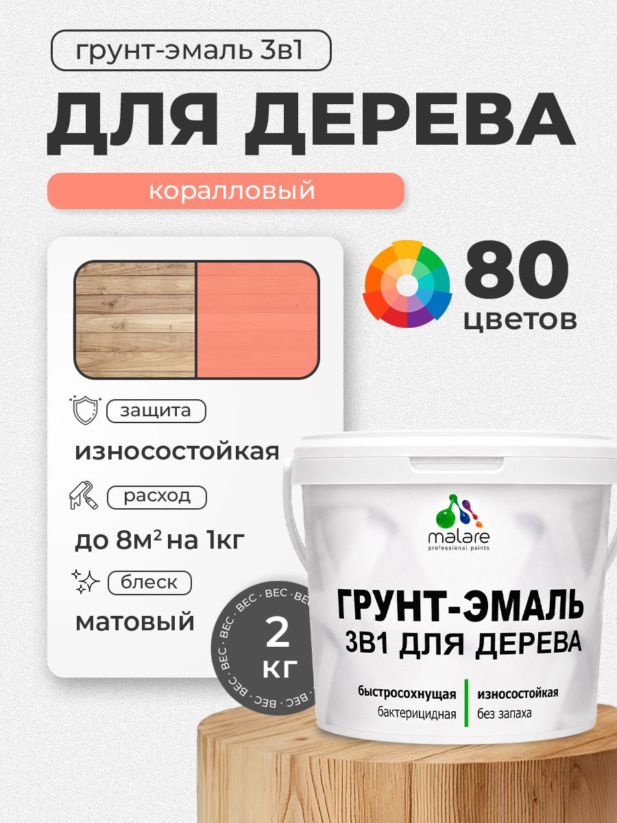 Акриловая Грунт-Эмаль 3 в 1 Malare для деревянных поверхностей с антисептическим эффектом, быстросохнущая, моющаяся без запаха матовая, коралловый , 2 кг