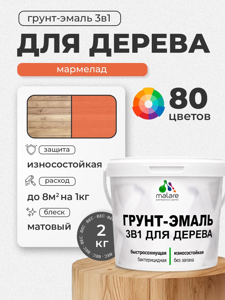 Акриловая Грунт-Эмаль 3 в 1 Malare для деревянных поверхностей с антисептическим эффектом, быстросохнущая, моющаяся без запаха матовая, мармелад, 2 кг