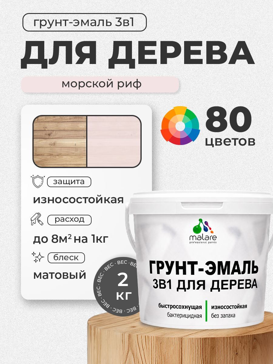 Акриловая Грунт-Эмаль 3 в 1 Malare для деревянных поверхностей с антисептическим эффектом, быстросохнущая, моющаяся без запаха матовая, морской риф, 2 кг