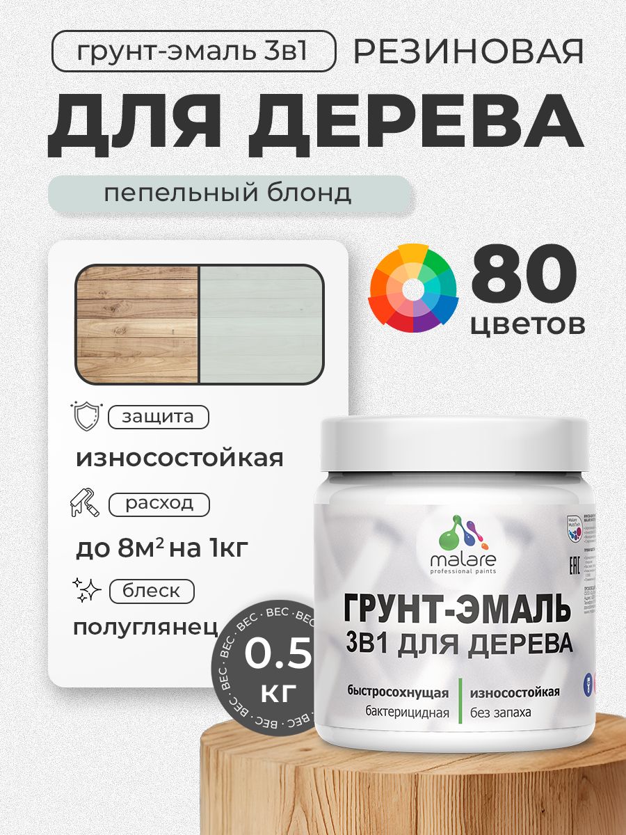 Латексная Грунт-Эмаль 3 в 1 Malare для деревянных поверхностей с антисептическим эффектом, быстросохнущая моющаяся без запаха полуглянцевая, пепельный блонд, 0.5 кг