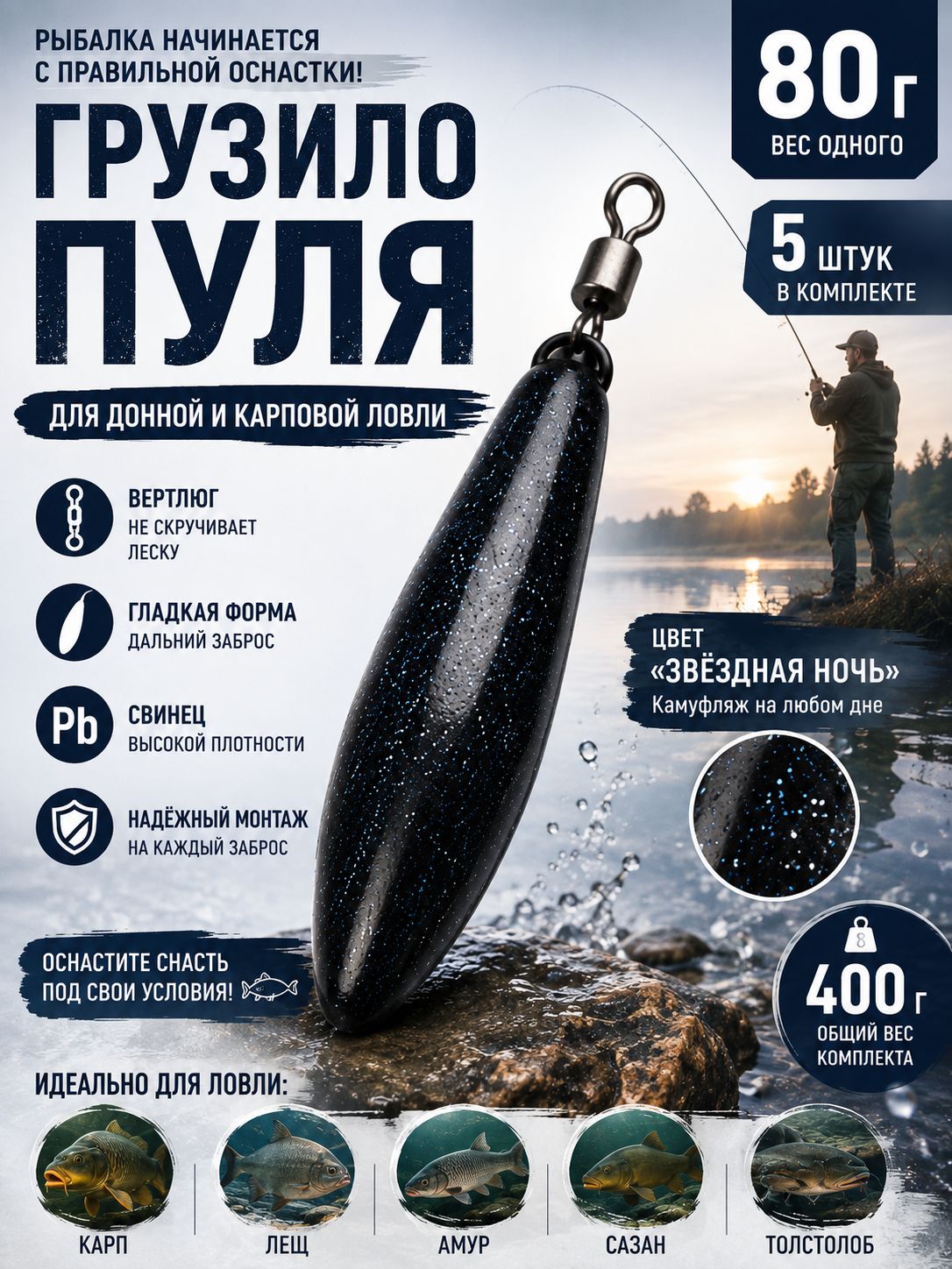 Грузило рыболовное Пуля 80 г с вертлюгом, для донной и карповой оснастки, 5 шт., Звёздная ночь