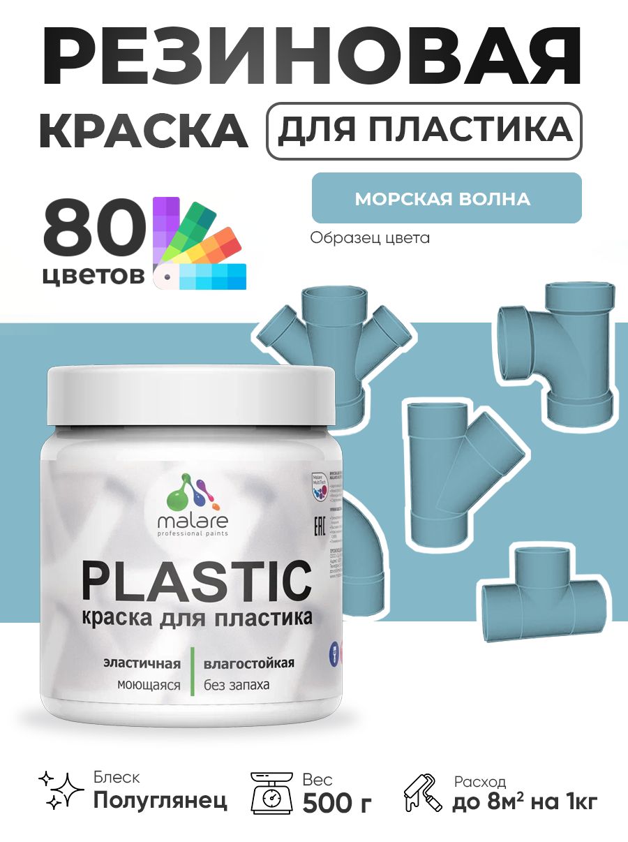 Резиновая краска для пластика Malare Plastic для пенопласта ПВХ сайдинга, для подоконников и откосов, быстросохнущая без запаха, полуглянцевая, морская волна, 0.5 кг
