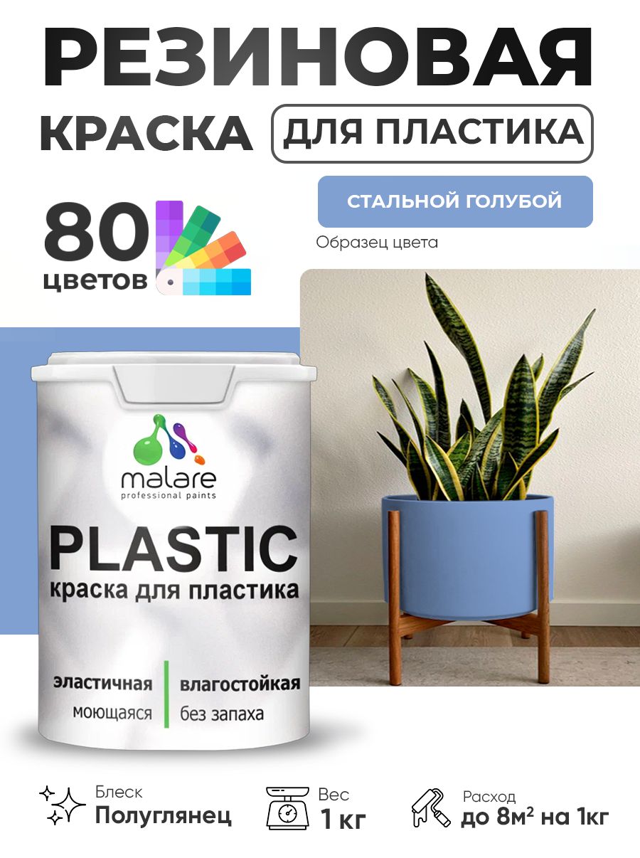 Резиновая краска для пластика Malare Plastic для пенопласта ПВХ сайдинга, для подоконников и откосов, быстросохнущая без запаха, полуглянцевая, стальной голубой, 1 кг