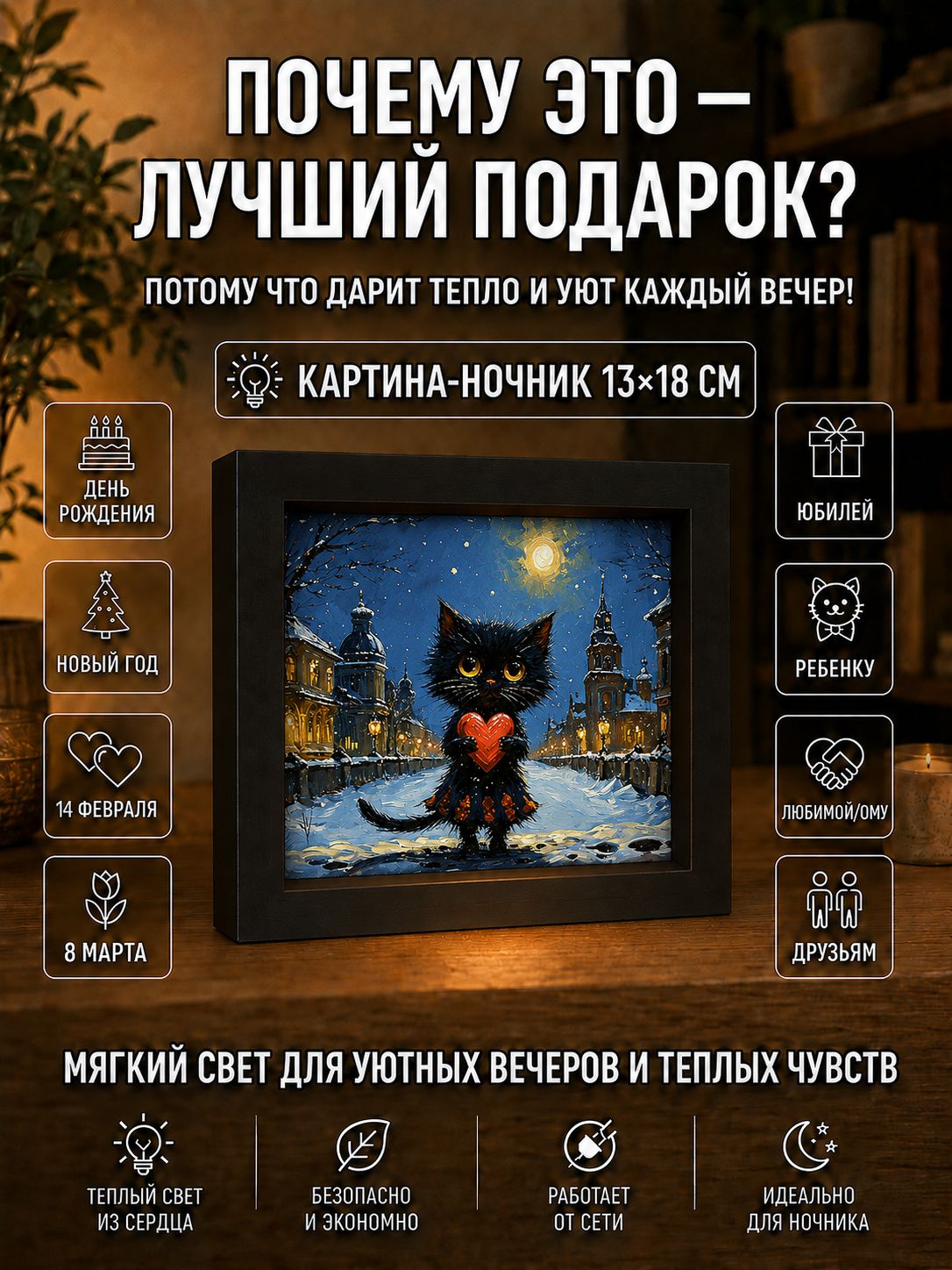 Кошечка с сердечком в зимней ночи