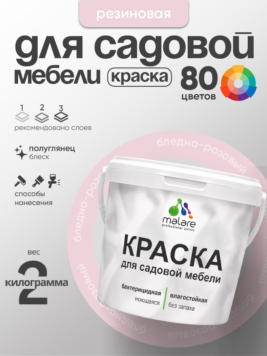 Резиновая краска Malare для садовой мебели/ по дереву, для наружных и внутренних работ/ быстросохнущая моющаяся без запаха полуглянцевая, бледно-розовый, 2 кг