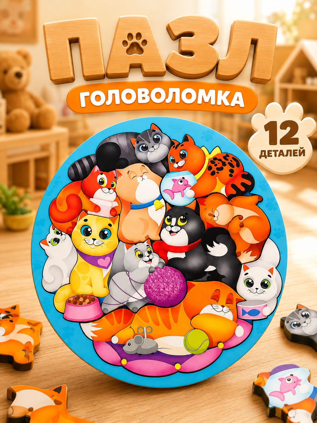 Пазл деревянный фигурный "Котики"/ деревянные пазлы