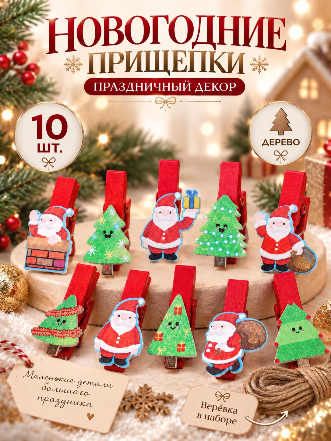 Прищепки декоративные новогодние "Дед Мороз и елки" / Набор 10 шт.