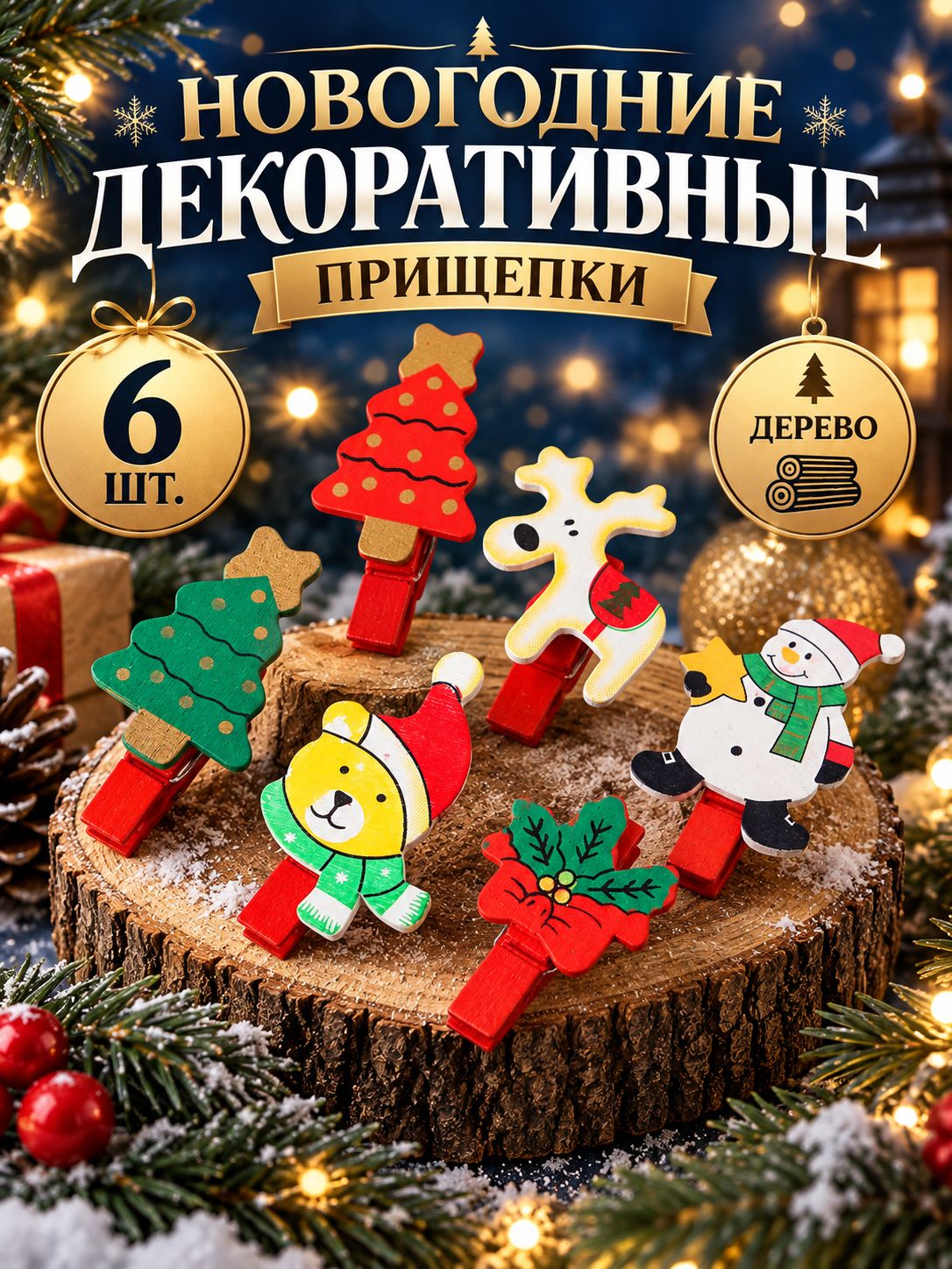 Прищепки декоративные "Новогодние чудеса" / Набор 6 шт.