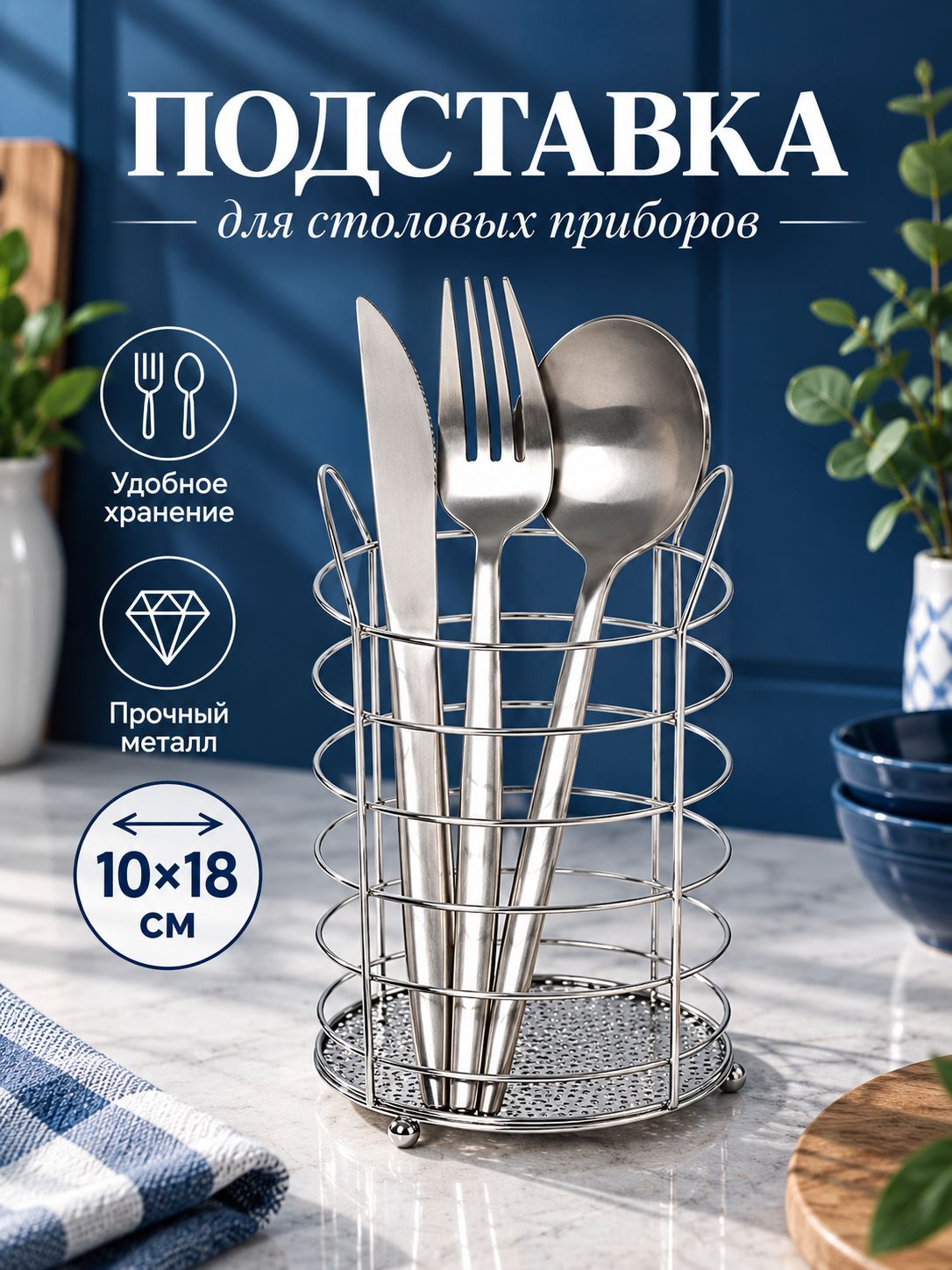 Подставка для столовых приборов настольная, 10х10х18 см, цвет хром