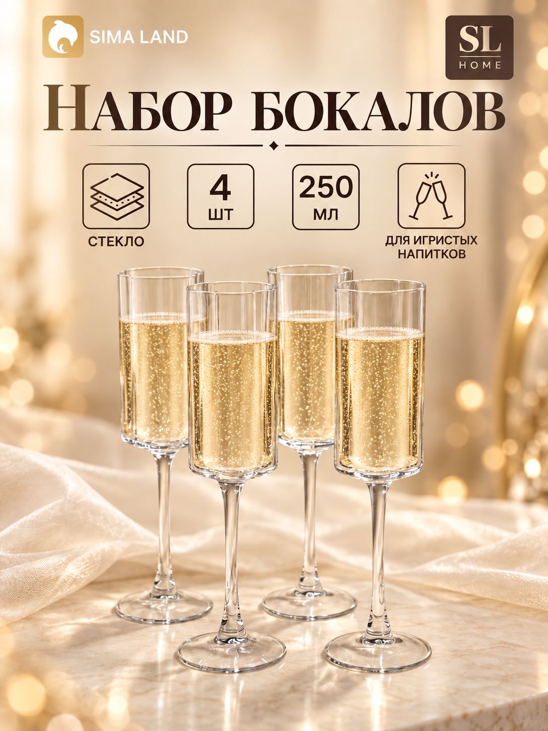 Бокалы для шампанского SL Home "Селивия" , 250 мл, набор 4 шт., стекло