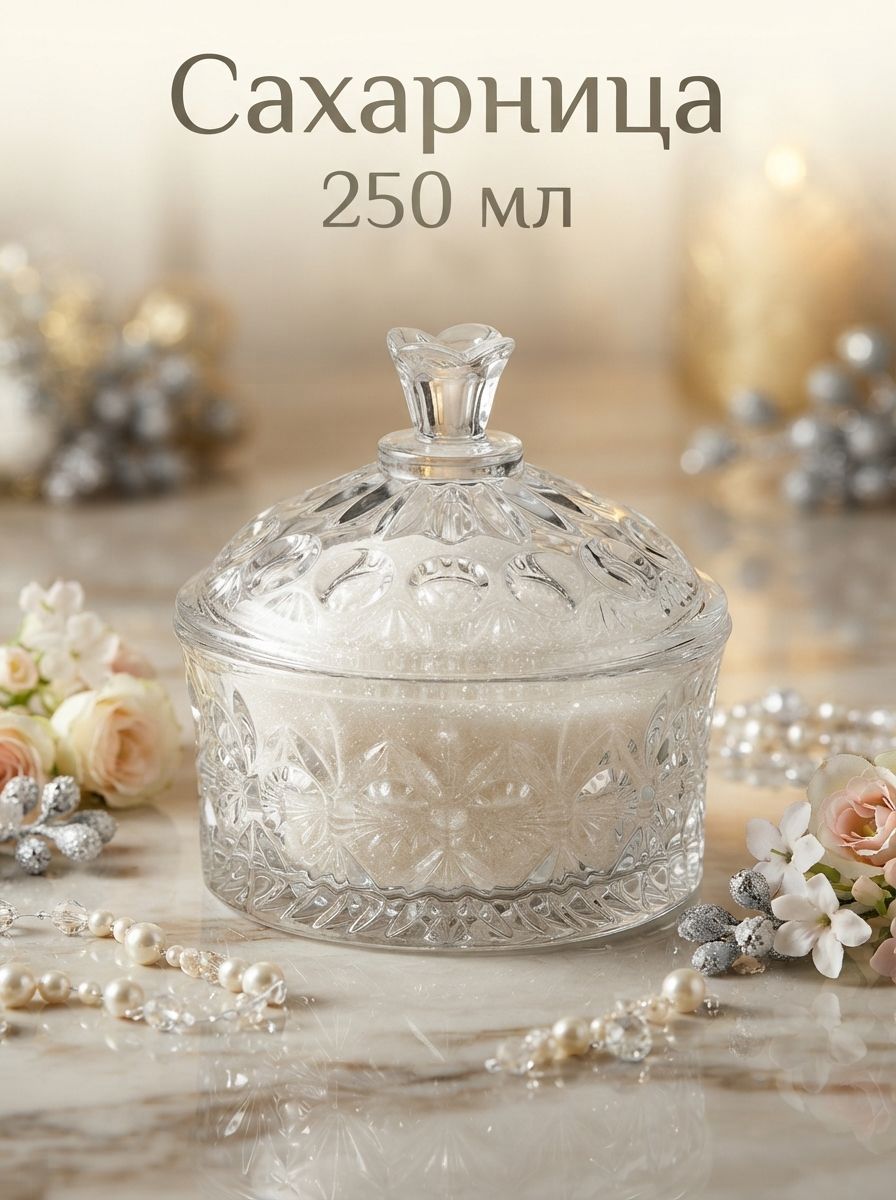 Сахарница стеклянная с крышкой "Круги", емкость для сыпучих продуктов, 250 мл