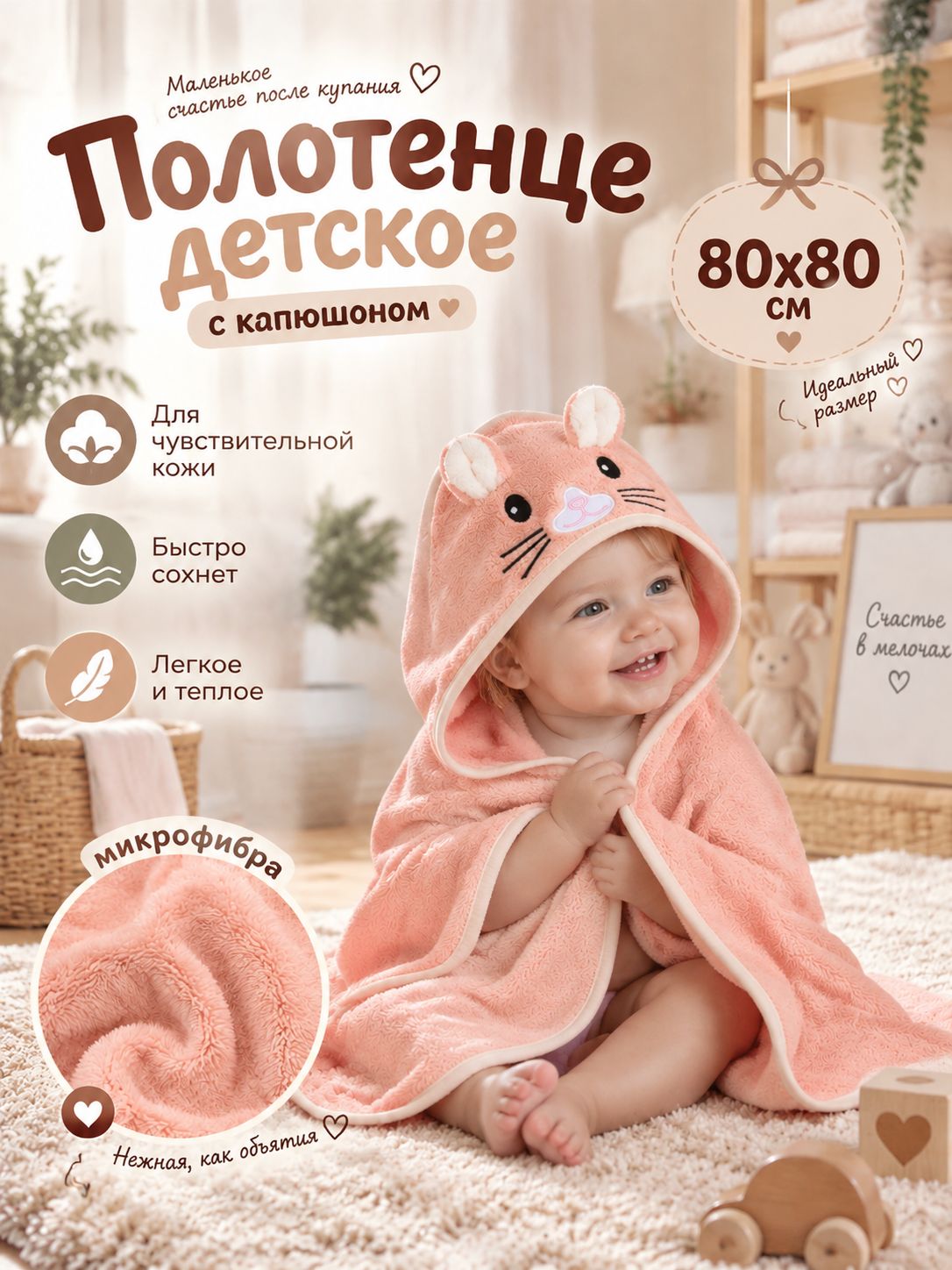 Детское полотенце с капюшоном 80х80 см, "Зайчик", Персиковый, Микрофибра