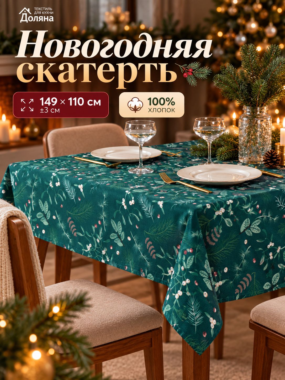 Скатерть новогодняя на стол "Needles" 149х110 см, 100% хлопок, 164 г/м