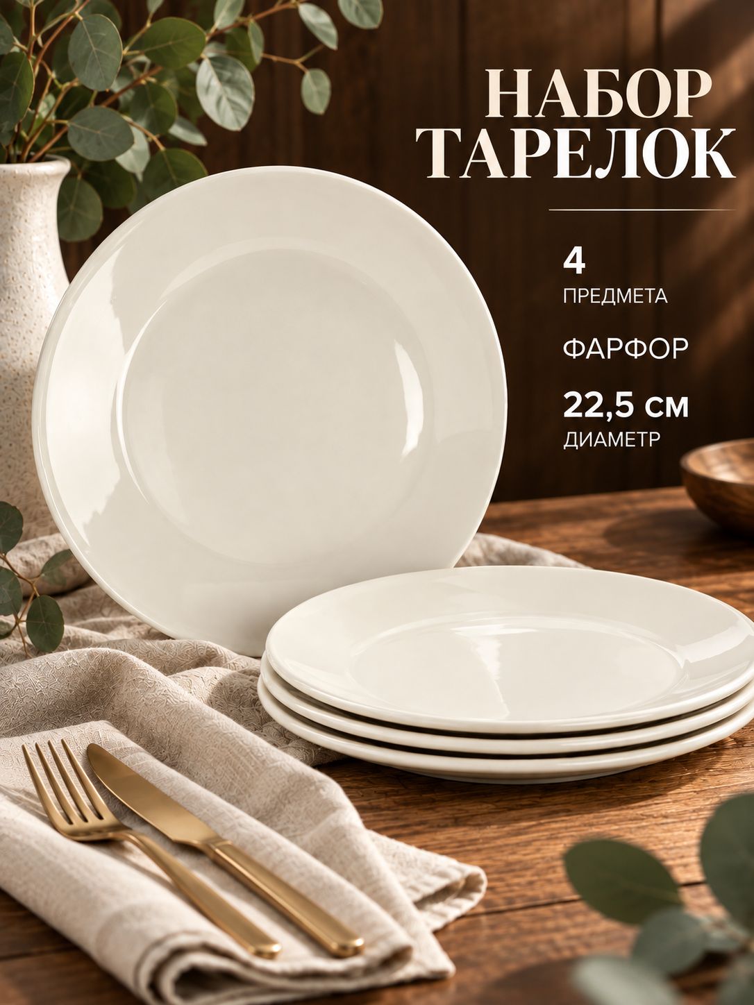 Набор тарелок 22,5 см, 4 шт, Доляна "White Label", тарелки обеденные, плоские