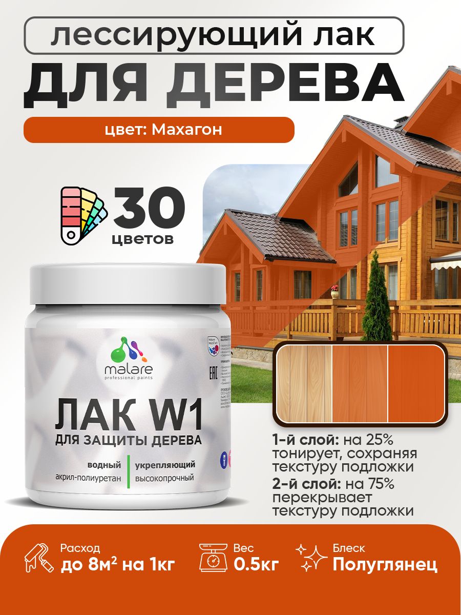 Лак колерованный тонирующий для дерева Malare W1 для деревянных и минеральных поверхностей, моющийся без запаха быстросохнущий, полуглянцевый, махагон, 0.5 кг.
