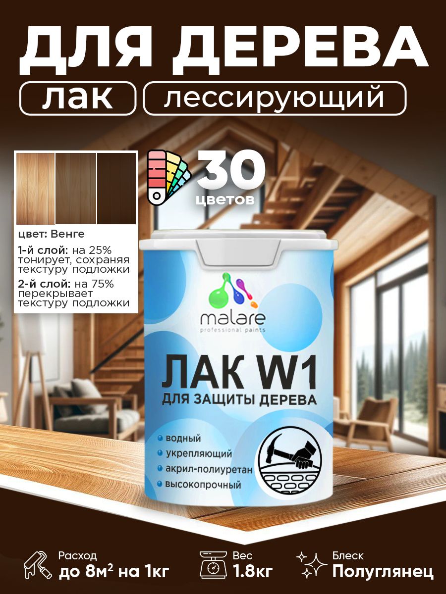Лак колерованный тонирующий для дерева Malare W1 для деревянных и минеральных поверхностей, моющийся без запаха быстросохнущий, полуглянцевый, венге, 1.8 кг.