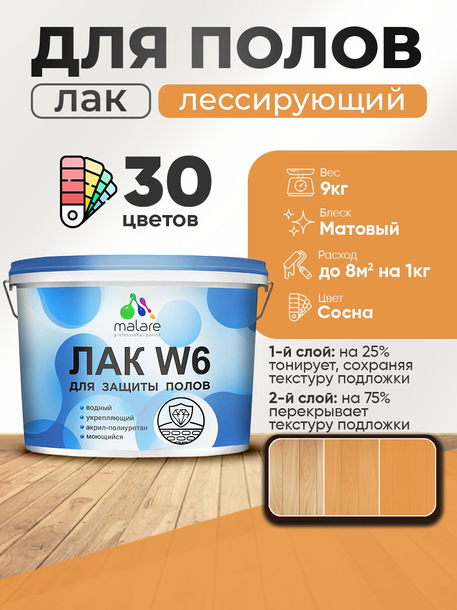 Лак колерованный тонирующий для защиты пола Malare W6 для паркета и ламината, для дерева и минеральных поверхностей, водный без запаха быстросохнущий, матовый, сосна, 9 кг.
