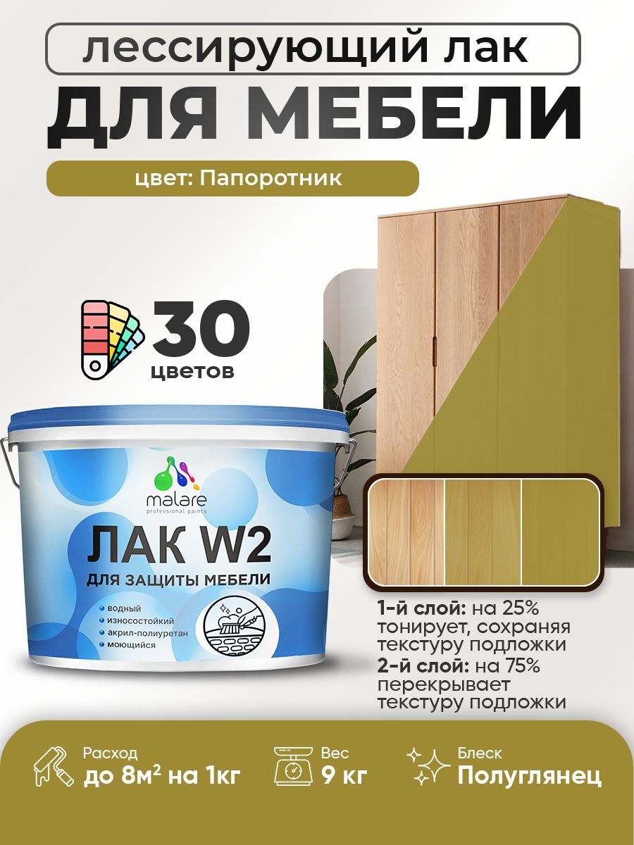 Лак колерованный тонирующий лак для мебели Malare W2 для кухонных фасадов, для дерева и минеральных поверхностей, акриловый быстросохнущий без запаха, полуглянцевый, папоротник, 9 кг.