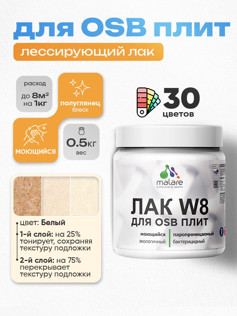 Лак колерованный тонирующий для защиты ОСБ плит Malare W8 для дерева и минеральных поверхностей, паропроницаемый водный без запаха, полуглянцевый, белый, 0.5 кг.