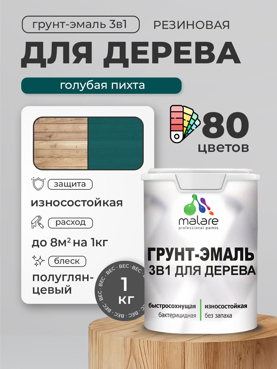 Латексная Грунт-Эмаль 3 в 1 Malare для деревянных поверхностей с антисептическим эффектом, быстросохнущая моющаяся без запаха полуглянцевая, голубая пихта, 1 кг
