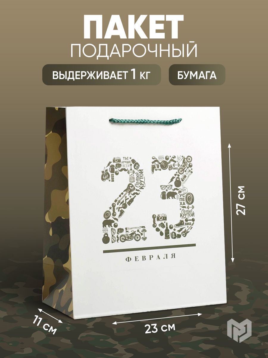 Пакет подарочный на 23 февраля, 23 х 27 х 11,5 см