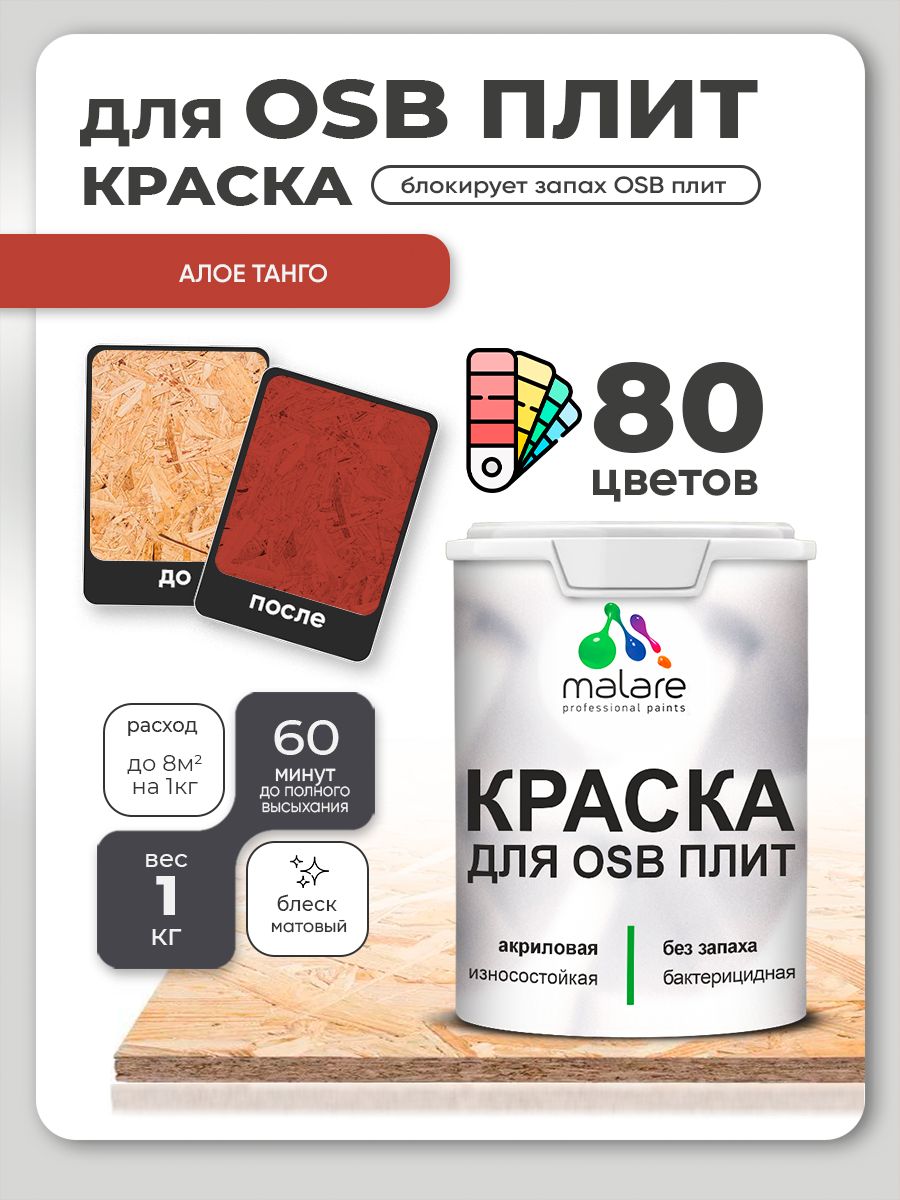 Акриловая краска для ОСБ плит Malare для дерева для наружных и внутренних работ, быстросохнущая без запаха матовая, алое танго, 1 кг