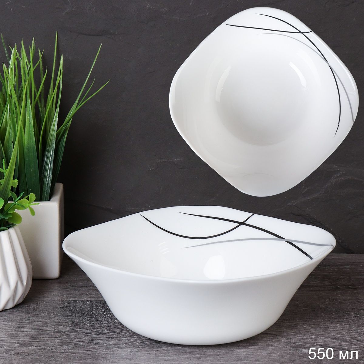 Салатник WHITE LILY квадратный глубокий Полосы , 550 мл, стеклокерамика