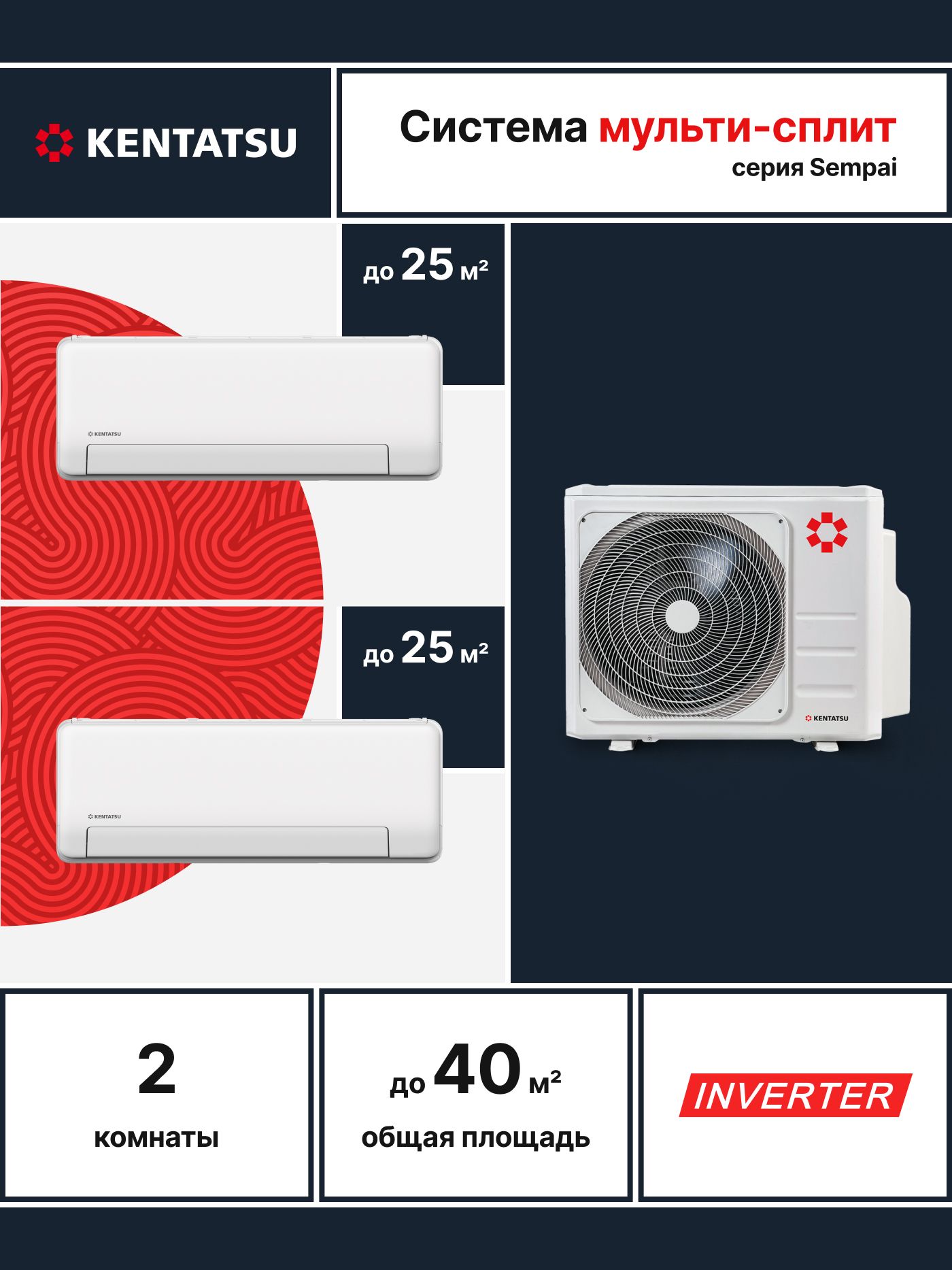Надежная инверторная мульти сплит-система на 2 комнаты (20м2+20м2) Kentatsu K2MRB40HZRN1/KSGPA26HZRN1*2