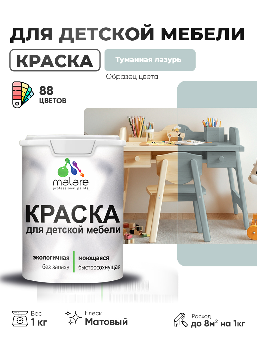 Акриловая краска Malare для детской мебели для кухонных фасадов, мебели из дерева, моющаяся, быстросохнущая без запаха матовая, туманная лазурь, 1 кг.