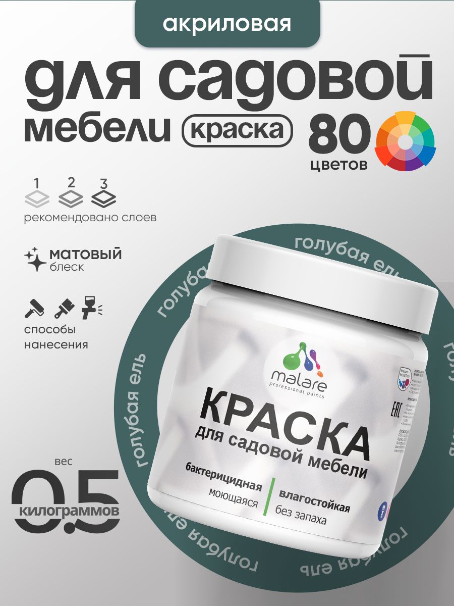 Акриловая краска Malare для садовой мебели/ по дереву, для наружных и внутренних работ/ быстросохнущая моющаяся без запаха матовая, голубая ель, 0.5 кг