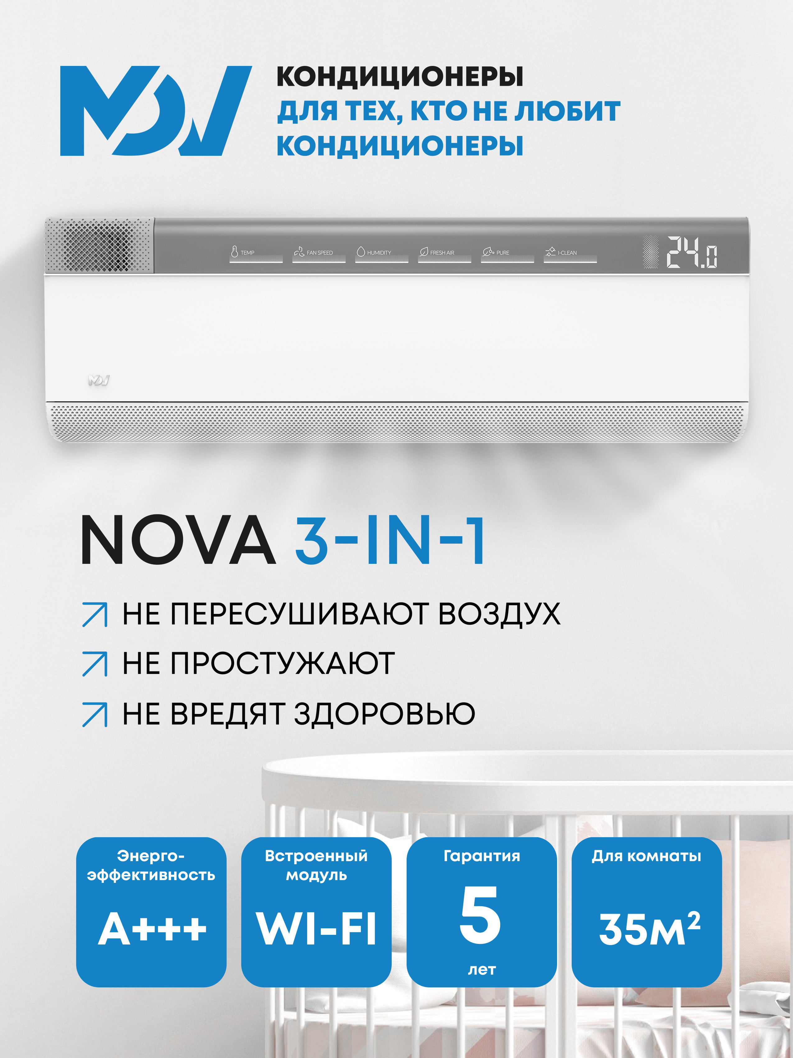 Настенный кондиционер MDV NOVA 3-IN-1 Inverter MDSAH-12HRFN8 / MDOAH-12HFN8