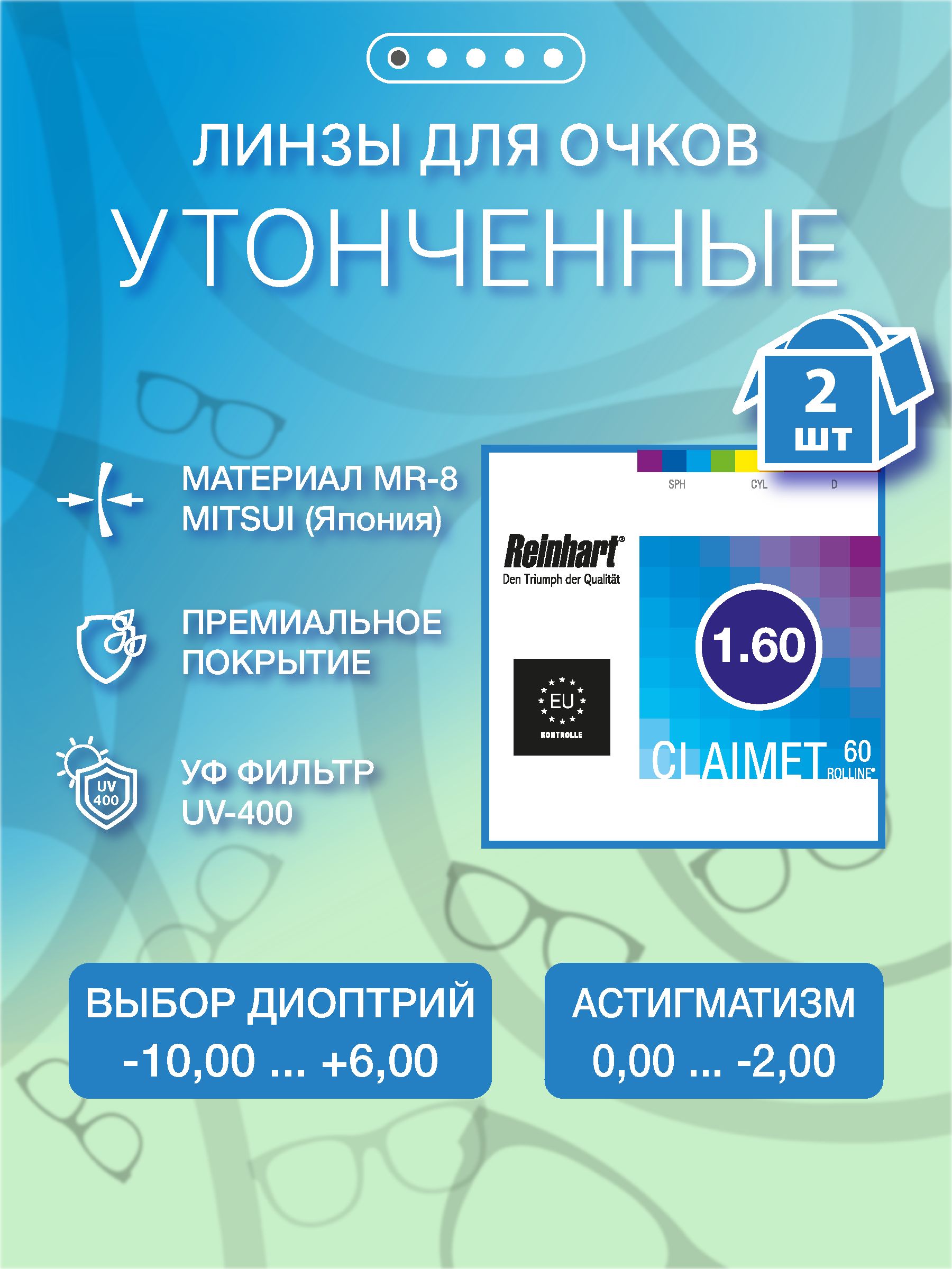 Линзыдляочковcдиоптриями+1,75изполимерногоматериала1,6MR-8спремиальнымпросветляющимпокрытием2шт/уп