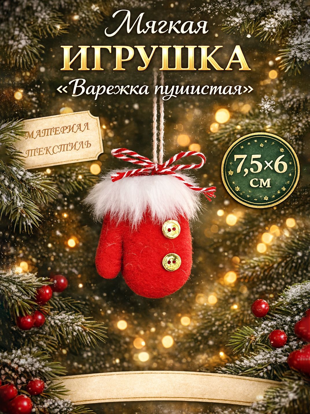 Мягкая елочная игрушка / украшение на елку / мягкая подвеска 7,5х6 см, бело- красный "Варежка пушистая с пуговками"