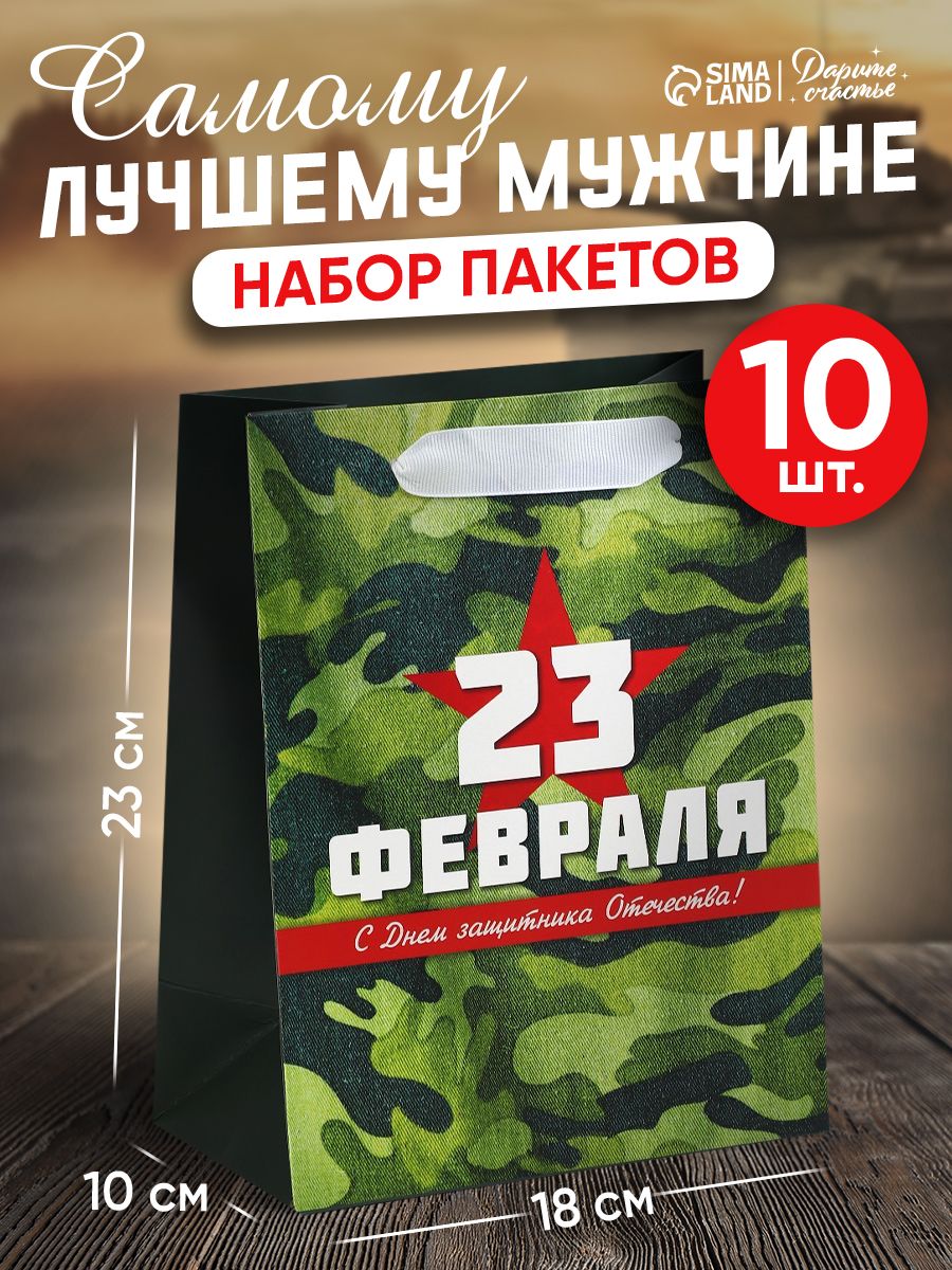 Пакеты подарочные на 23 февраля, набор 10 шт, 18 х 23 х 10 см