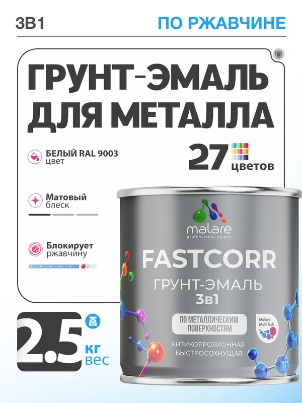Грунт-эмаль по ржавчине 3 в 1 Malare FastCorr краска для металла, антикоррозионная износостойкая быстросохнущая RAL 9003, белый, матовая, 2,5 кг.
