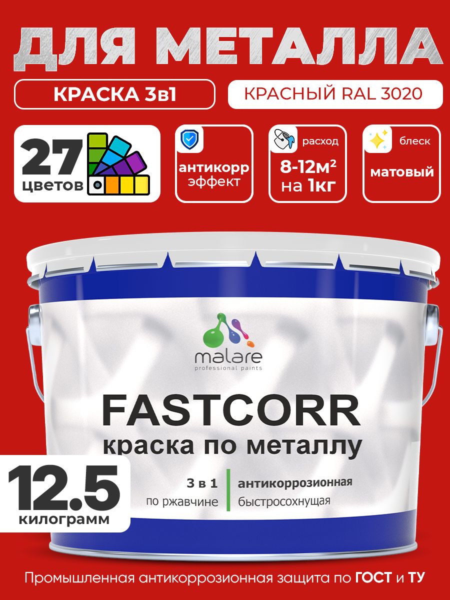 Краска для металла по ржавчине Malare FastCorr, для наружных работ износостойкая, быстросохнущая RAL 3020 красный, матовая, 12,5 кг