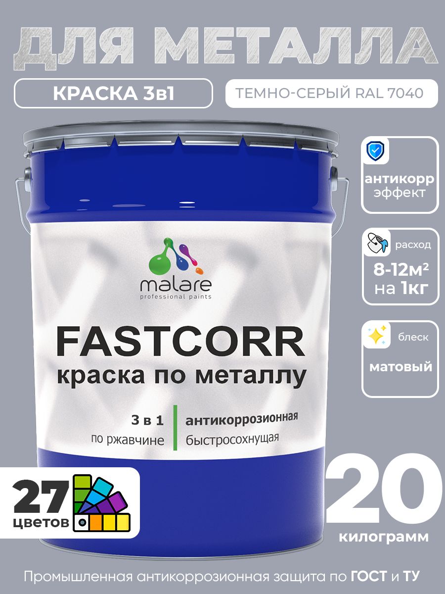 Краска для металла по ржавчине Malare FastCorr, для наружных работ износостойкая, быстросохнущая RAL 7040 темно-серый, матовая, 20 кг