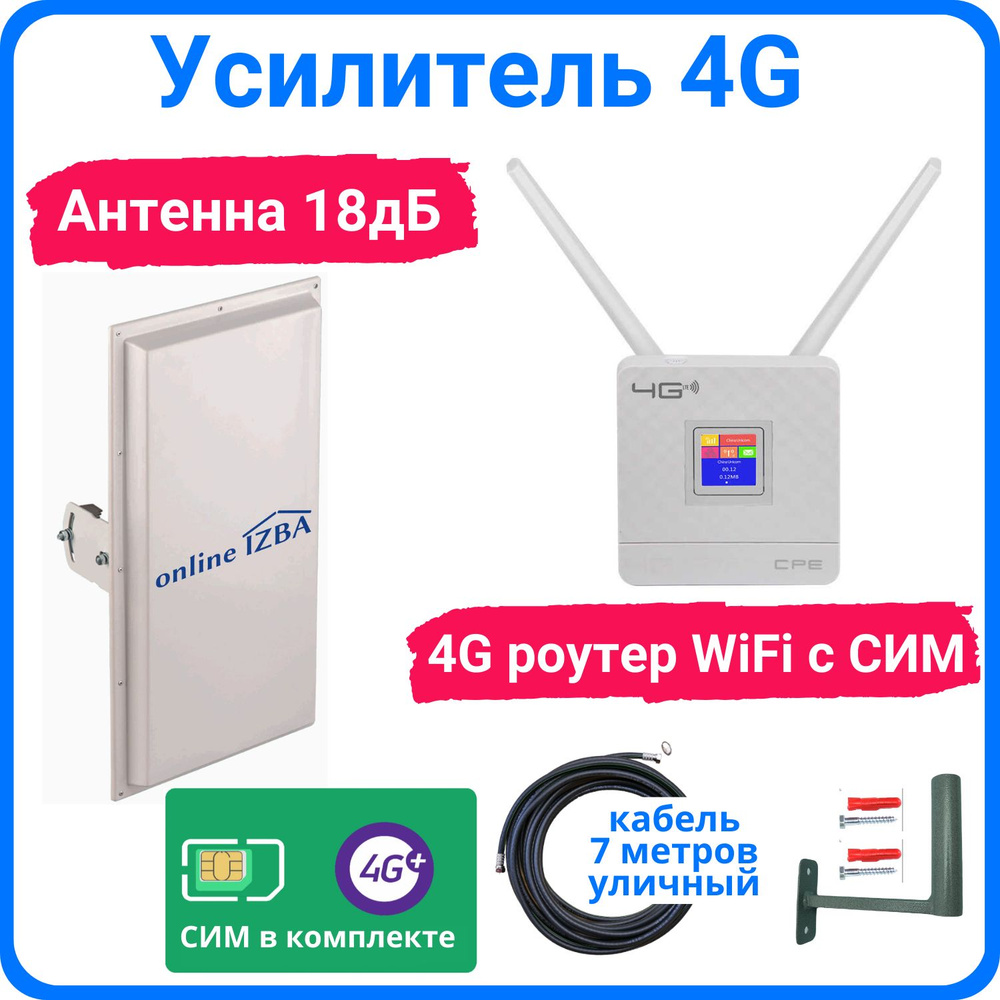 Усилитель интернета 4G, комплект для подключения мобильного интернета с  мощной антенной 18 dBi MIMO на даче и за городом - купить с доставкой по  выгодным ценам в интернет-магазине OZON (380023098)