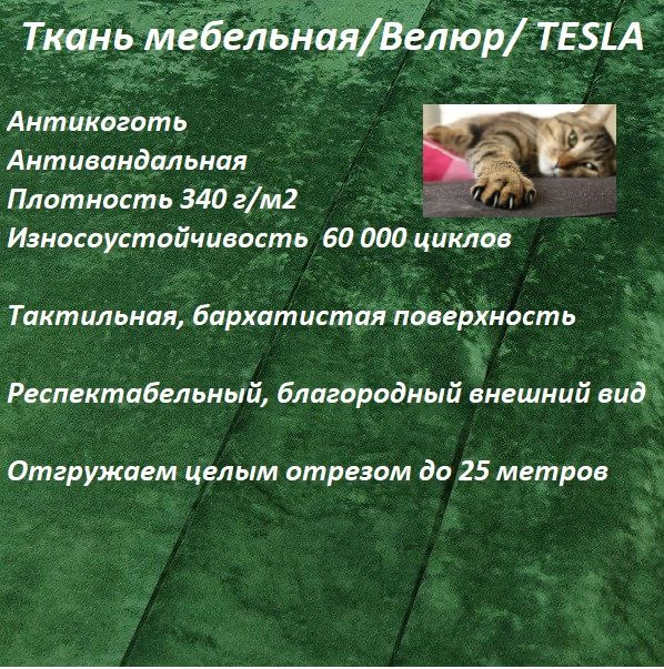 ОТРЕЗ 22 МЕТРА Ткань мебельная, велюр, обивочная, антикоготь TESLA_10 зеленый  #1