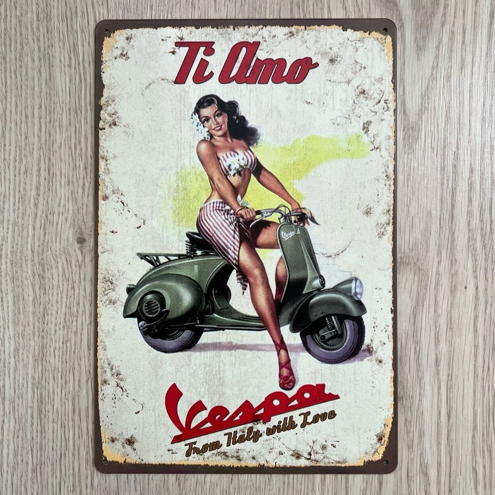 Табличка металлическая интерьерная Pin-Up Девушка Пинап Мотороллер Vespa  #1