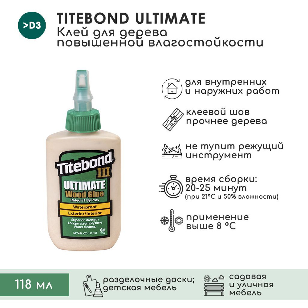 Клей для дерева Titebond III Ultimate Wood Glue Влагостойкий ПВА 118 мл  #1