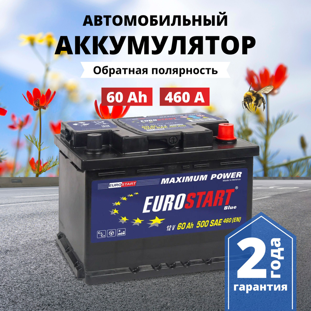 Аккумулятор автомобильный 12v 60 Ah EUROSTART Blue 60 Ач 460 А обратная  полярность 242x175x190 стартерный акб для автомобиля, машины