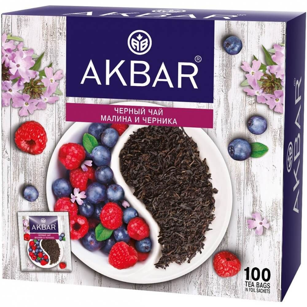 Чай в пакетиках черный AKBAR " Малина и Черника" с измельченными натуральными компонентами, 100 шт  #1