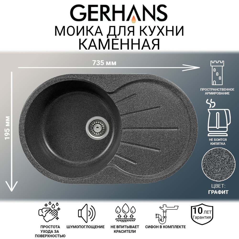 Мойка каменная для кухни Gerhans A02-24 Графит 735х455мм (Беларусь)  #1