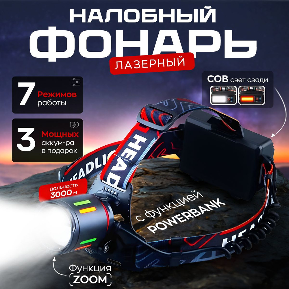 Фонарь налобный, аккумуляторный, светодиодный, мощный - купить с ...